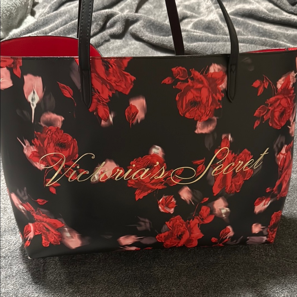 Victoria's Secret Black and Red Floral Tote Bag